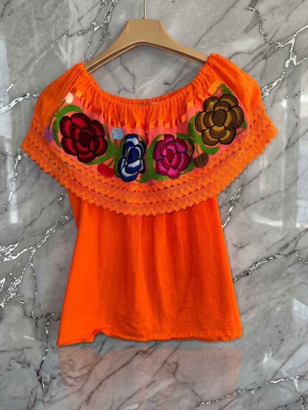 Orange Embroidered Off-Shoulder Top
